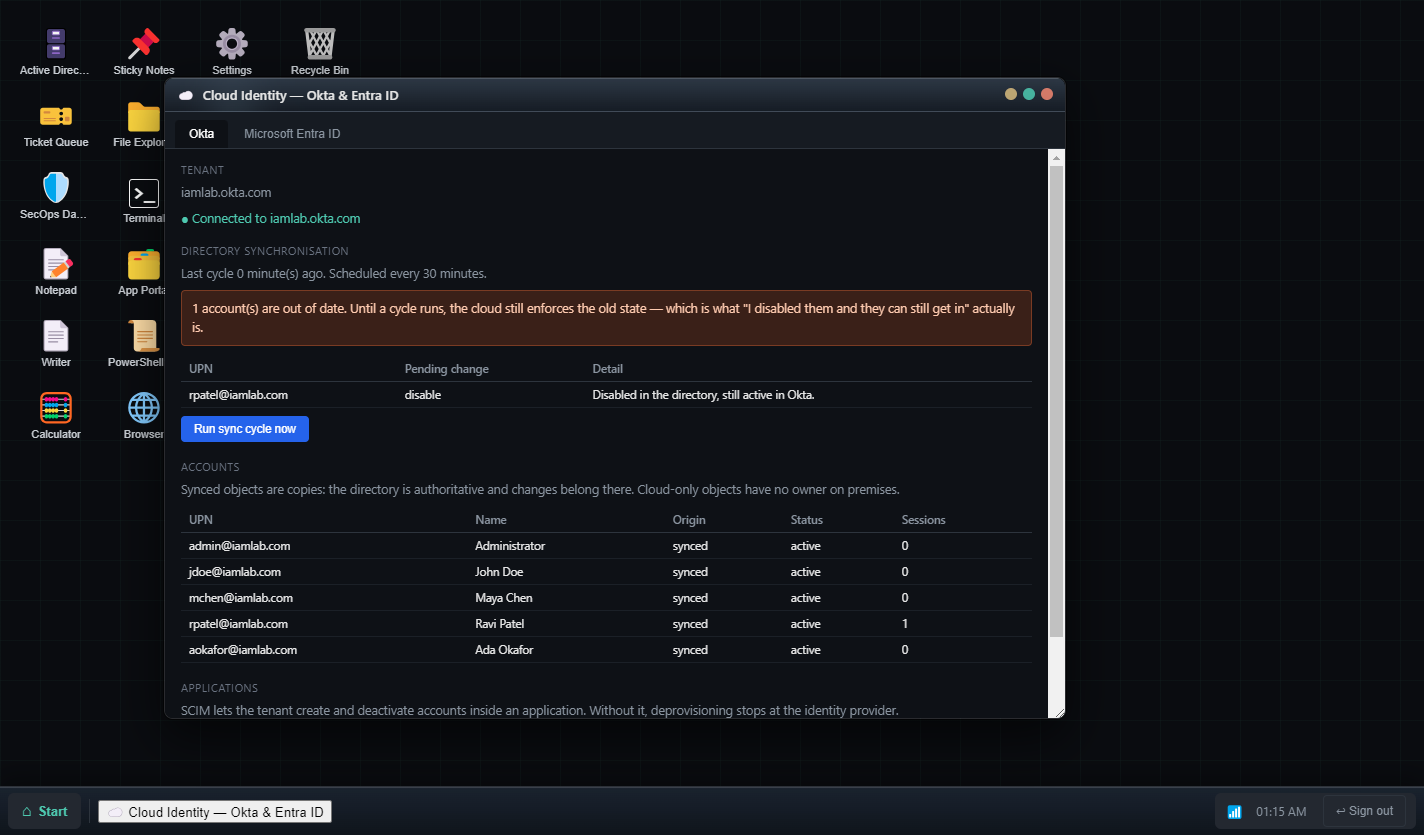 The Cloud Identity window showing directory sync status with one account out of date and SCIM switched off for three applications